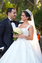 Elegant White Ball Gown Spaghetti Straps Sleeveless Beaded Lace Sweep Train Satin Wedding Dress