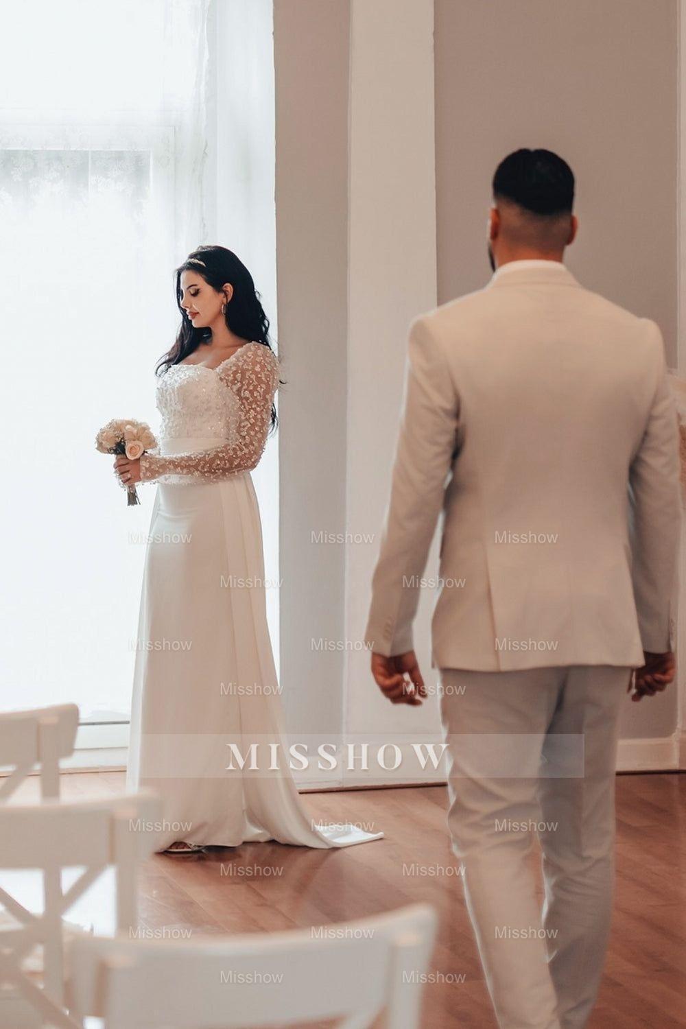 Champagne square beaded column wedding dress