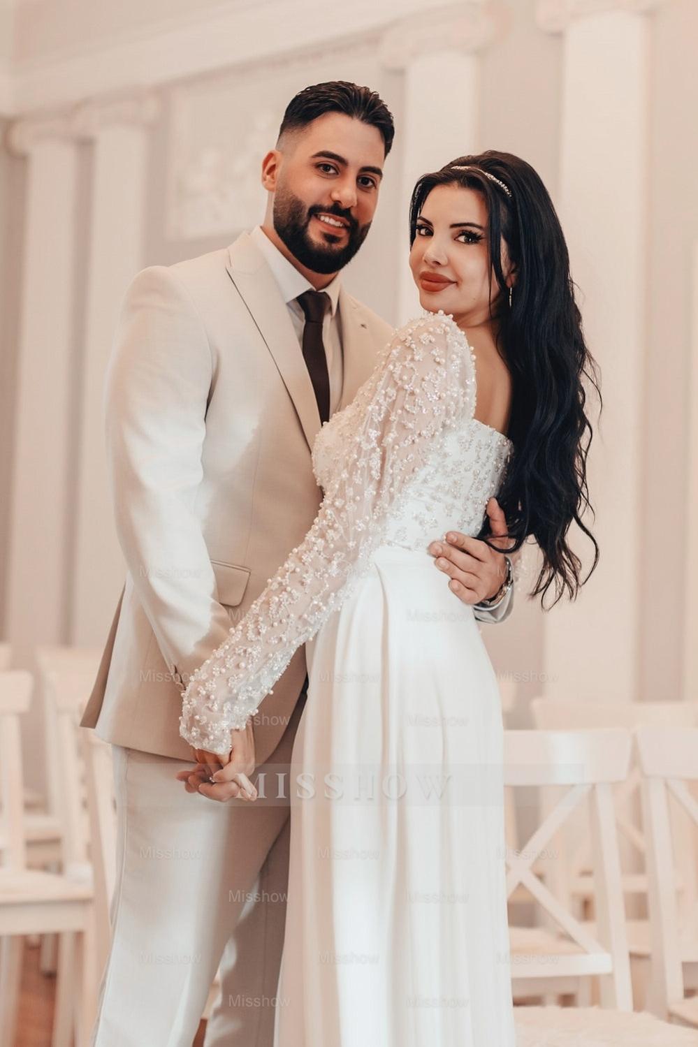 White square beaded column wedding dress