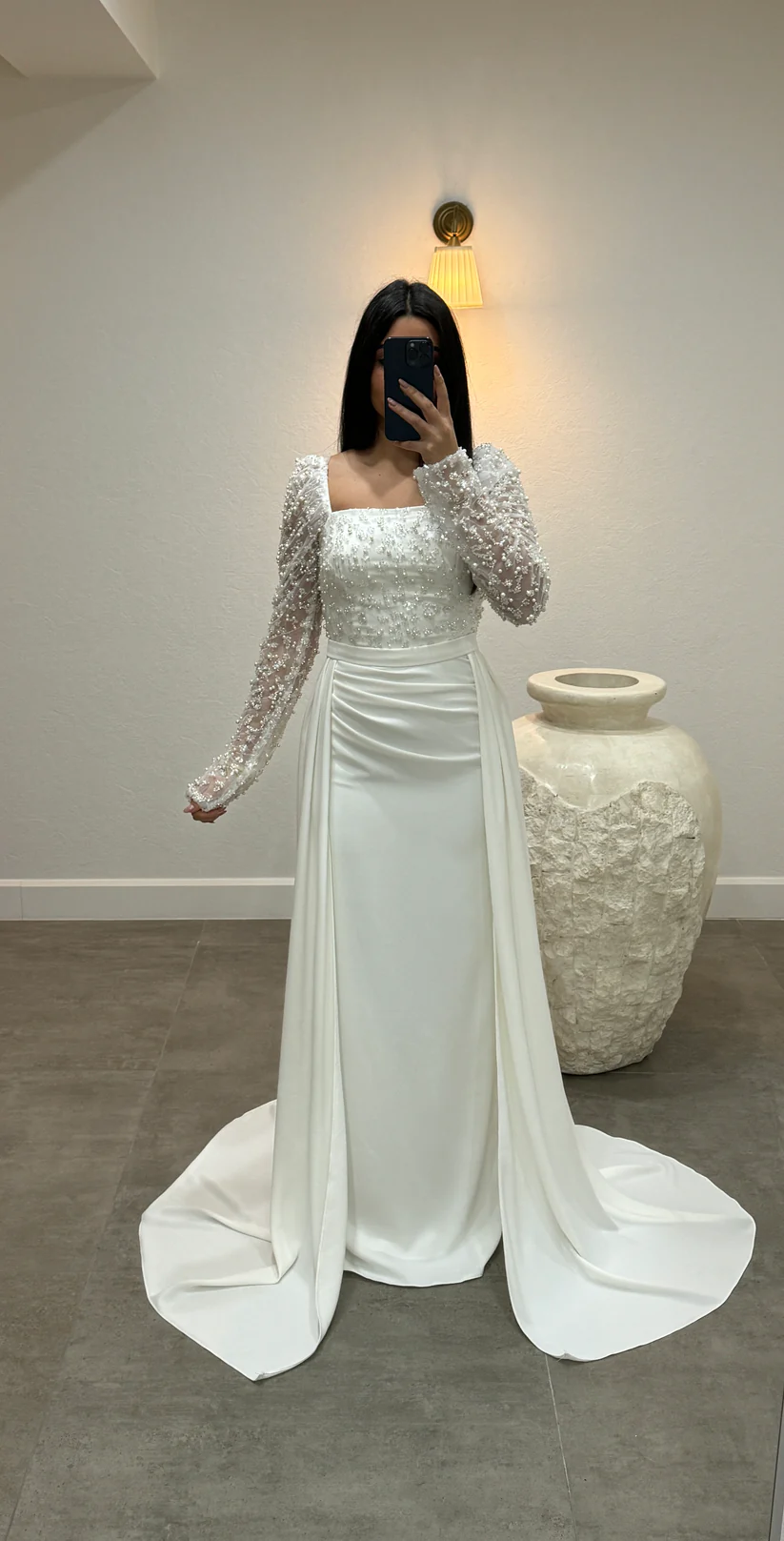 White square beaded column wedding dress
