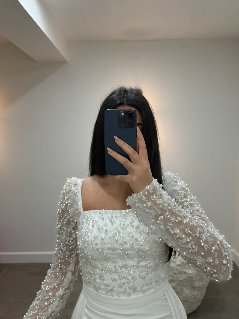 White square beaded column wedding dress