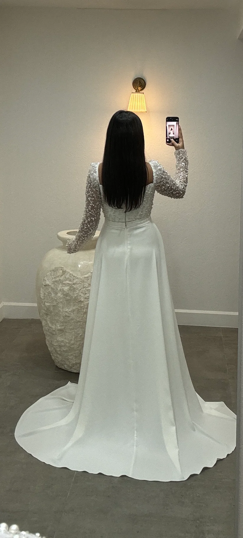 Champagne square beaded column wedding dress