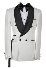 Elegant White Double Breasted Groom's Suit With Black Shawl Collar
