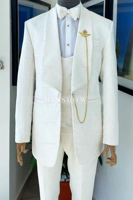 Elegant White Jacquard Shawl Collar Three-Piece Wedding Attire