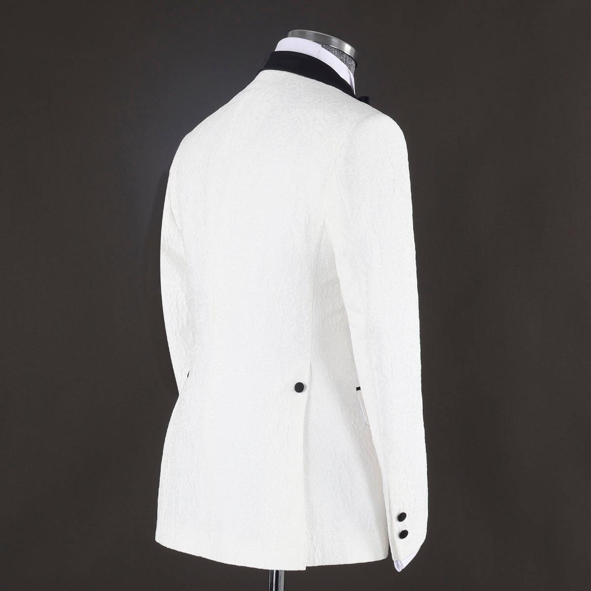 Elegant White Jacquard Three-Piece Wedding Suit with Shawl Lapel
