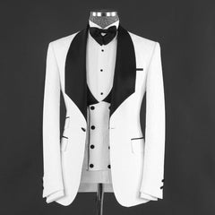 Elegant White Jacquard Three-Piece Wedding Suit with Shawl Lapel