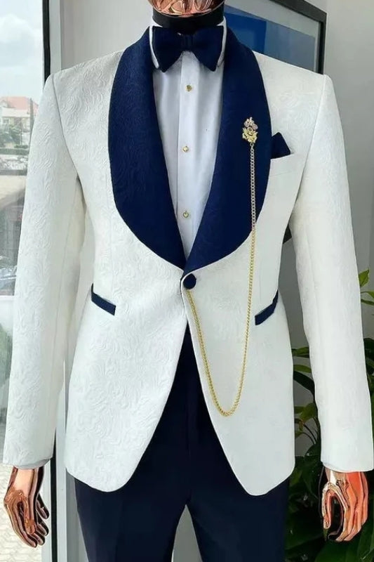 Elegant White Jacquard Wedding Suit With Navy Blue Shawl Collar