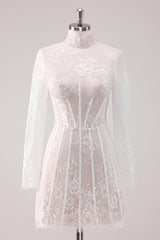 Elegant White Lace High Neck Corset Mini Homecoming Dress with Long Sleeves