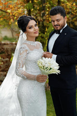 Elegant White Mermaid High-Neck Lace Long Sleeves Sequined Tulle Wedding Dresses With Appliques