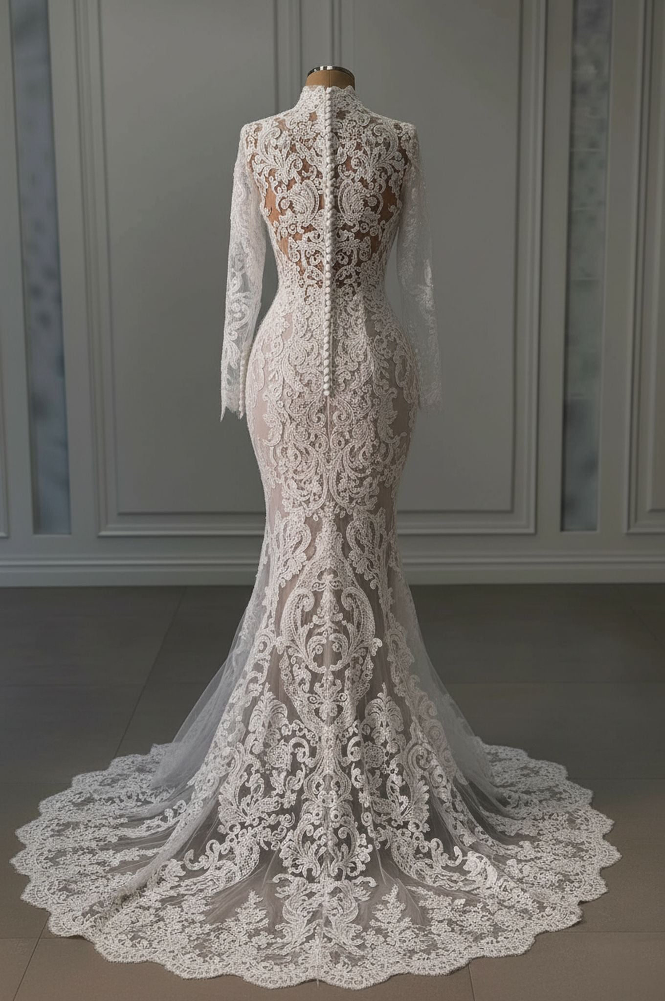 Elegant White Mermaid Lace Beaded High-Neck Long Sleeves Chapel Train Wedding Dresses