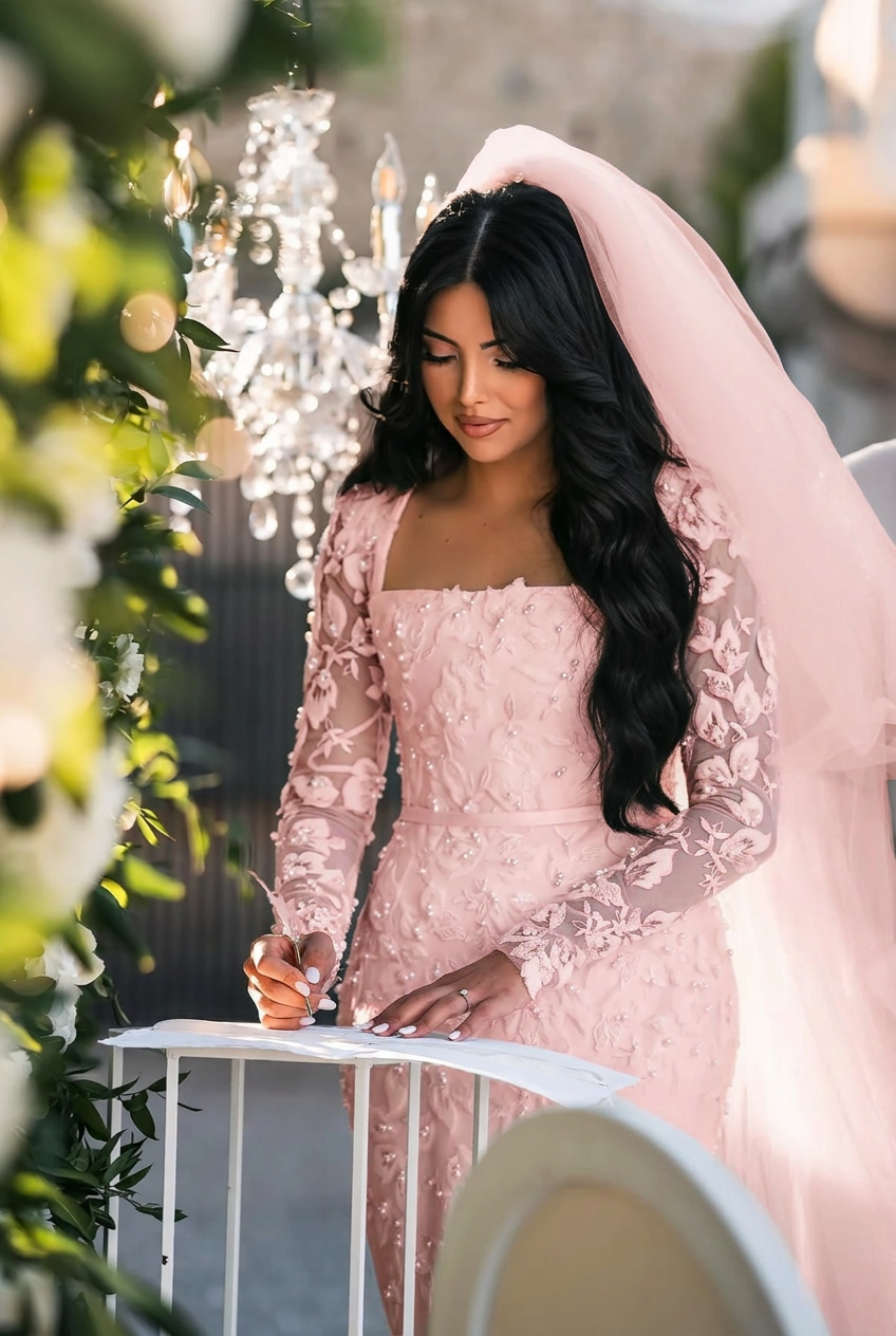 Blushing pink square applique mermaid wedding dress