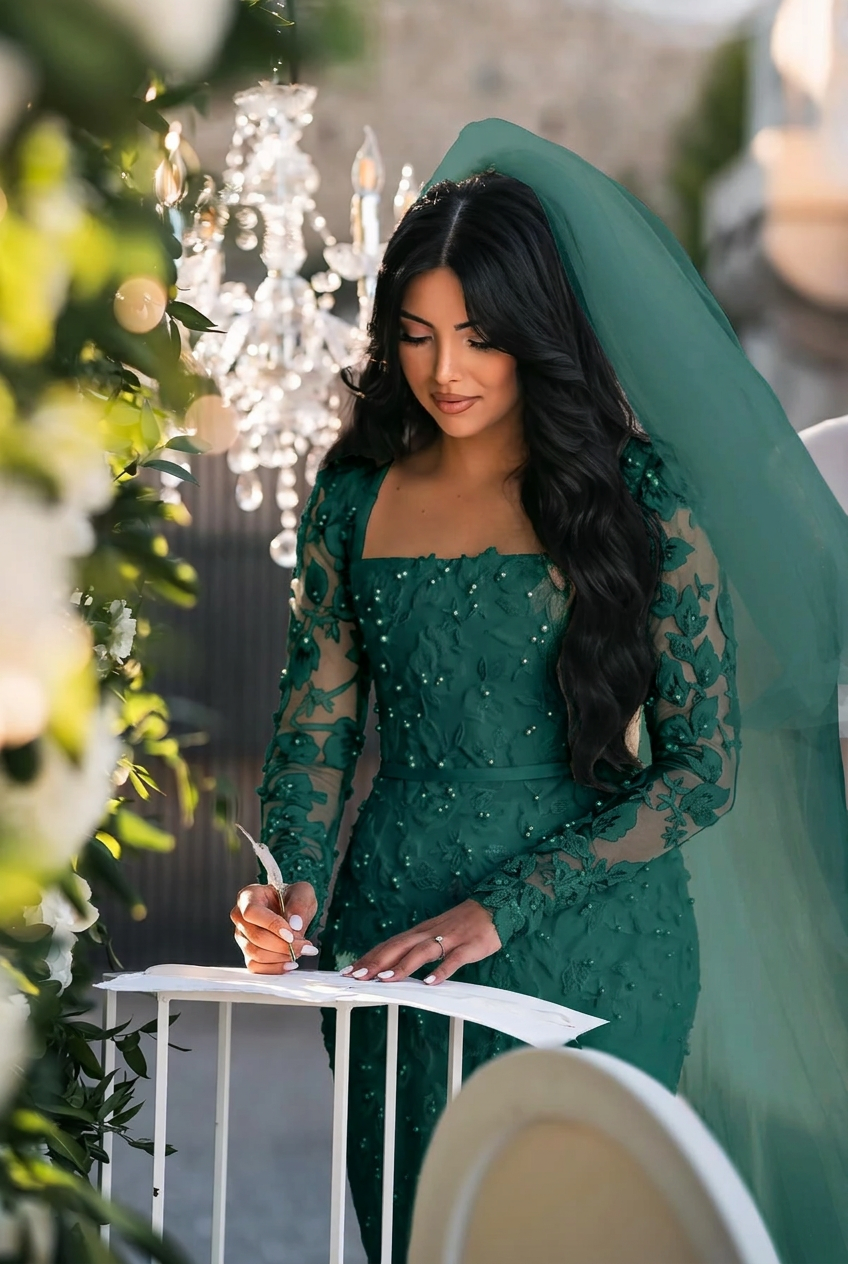 Dark green square applique mermaid wedding dress
