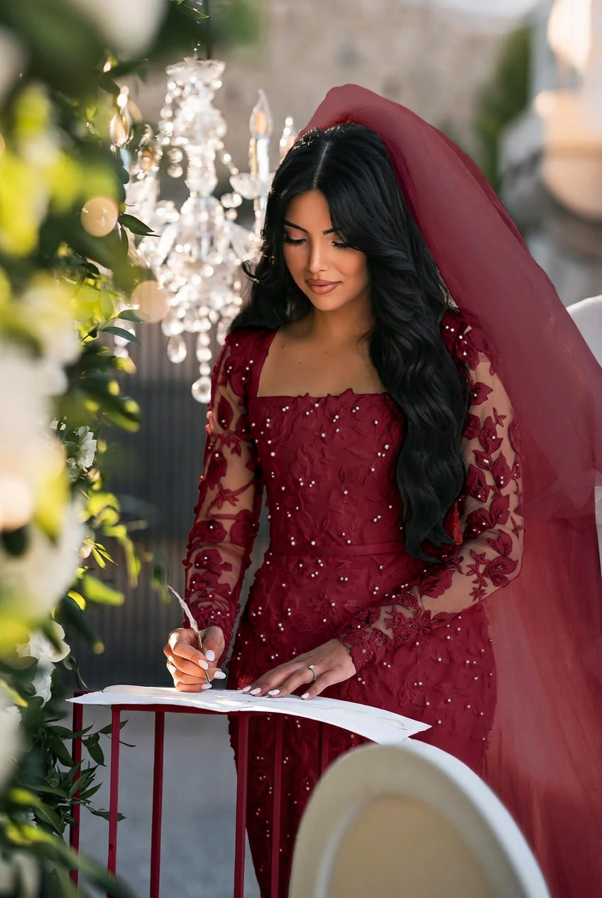 Burgundy square applique mermaid wedding dress