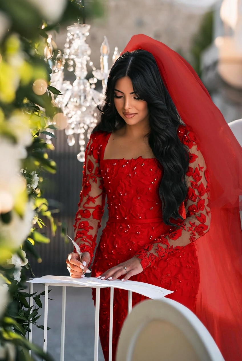 Red square applique mermaid wedding dress