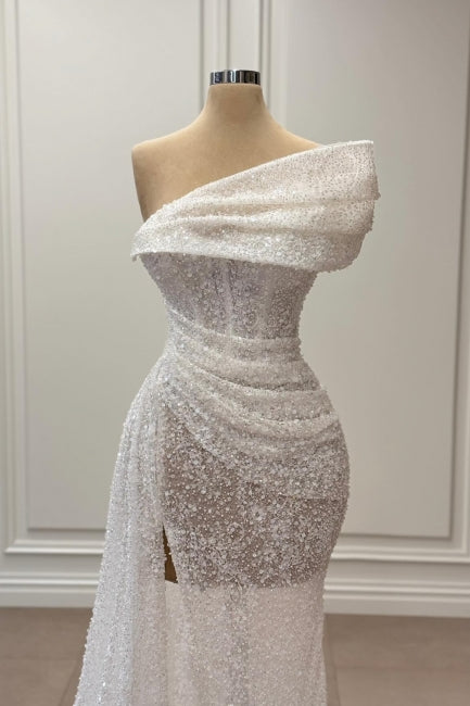 Elegant White Mermaid One-Shoulder Sleeveless Sequined Panel Train Ruffle Tulle Evening Dresses With Slit