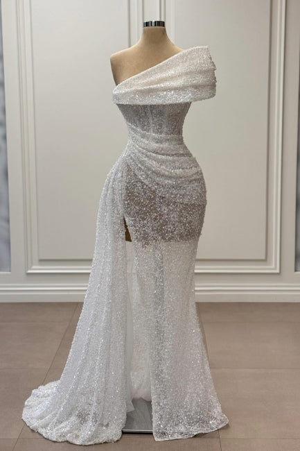 Elegant White Mermaid One-Shoulder Sleeveless Sequined Panel Train Ruffle Tulle Evening Dresses With Slit