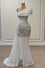 Elegant White Mermaid One-Shoulder Sleeveless Sequined Panel Train Ruffle Tulle Evening Dresses With Slit