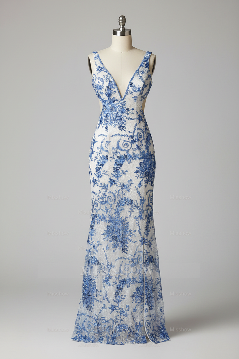air force blues service dress Light Blue Floral Prom Dresses Long Sleeve Formal Dresses 21156 –  vigocouture main image 1