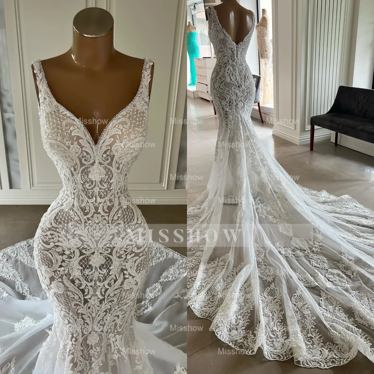 Elegant White Mermaid V-Neck Sleeveless Lace Wedding Dress - Timeless Bridal Gown