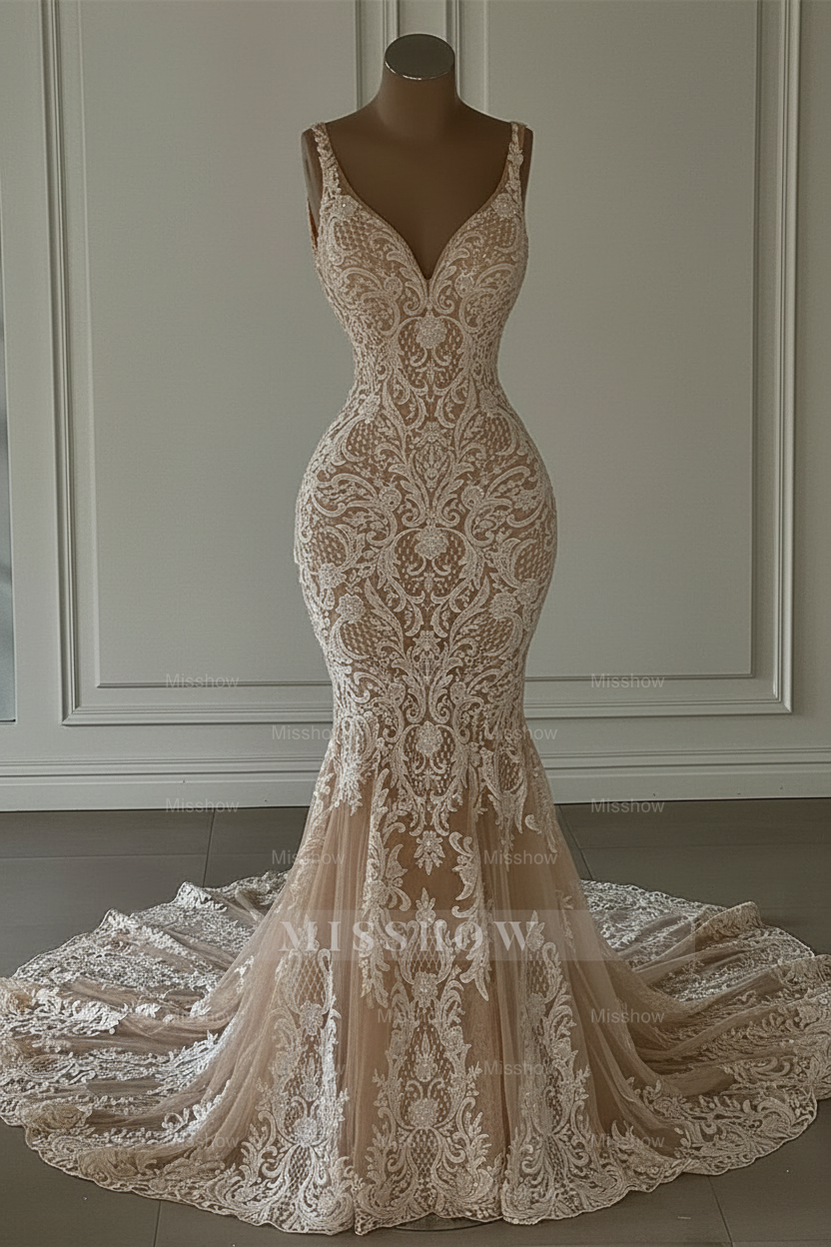 Elegant White Mermaid V-Neck Sleeveless Lace Wedding Dress - Timeless Bridal Gown