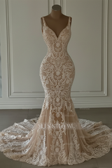 Elegant White Mermaid V-Neck Sleeveless Lace Wedding Dress - Timeless Bridal Gown