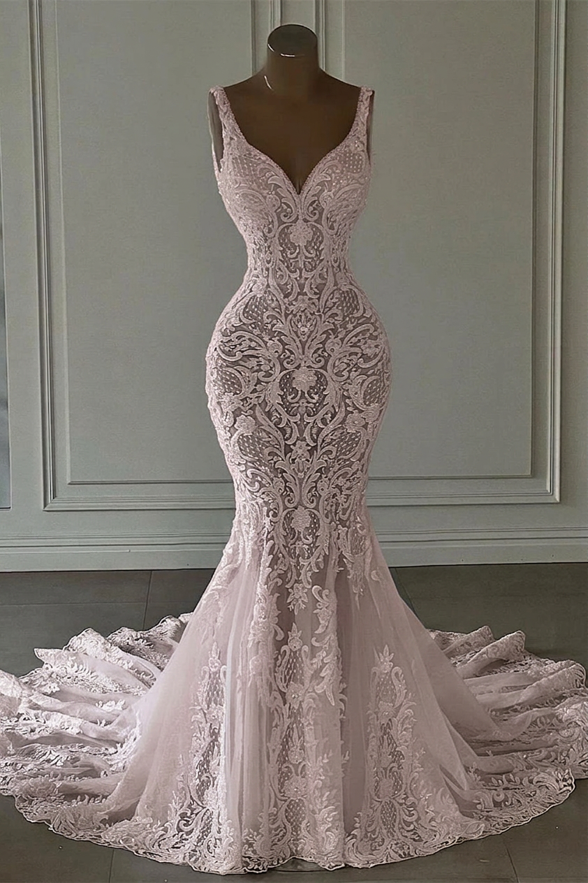 Elegant White Mermaid V-Neck Sleeveless Lace Wedding Dress - Timeless Bridal Gown