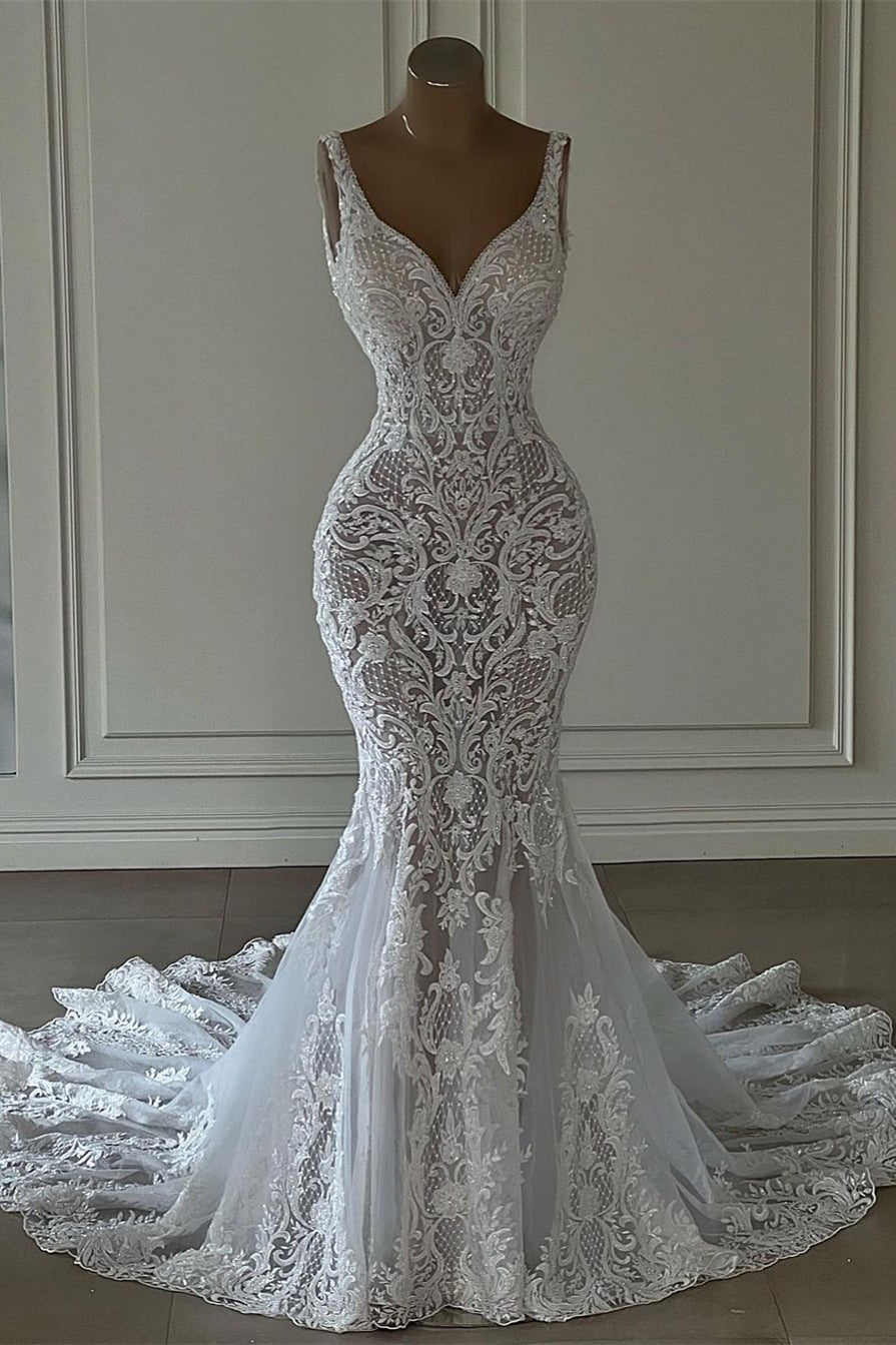 Elegant White Mermaid V-Neck Sleeveless Lace Wedding Dress - Timeless Bridal Gown