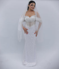 Elegant White Off-The-Shoulder Sleeveless Mermaid Wedding Dress with Sequins and Beadings