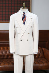 Elegant White Peak Lapel Double Breasted Men’s Business Suit