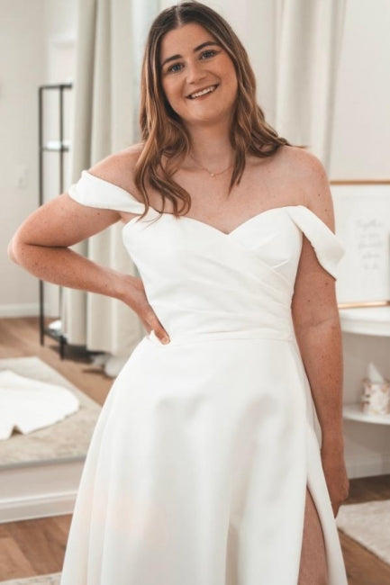 Elegant White Sweetheart V-neck Off-The-Shoulder A-Line Sleeveless Sweep Train Satin Wedding Dresses