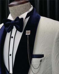 Elegant White Three-Piece Jacquard Suit with Navy Blue Shawl Lapel