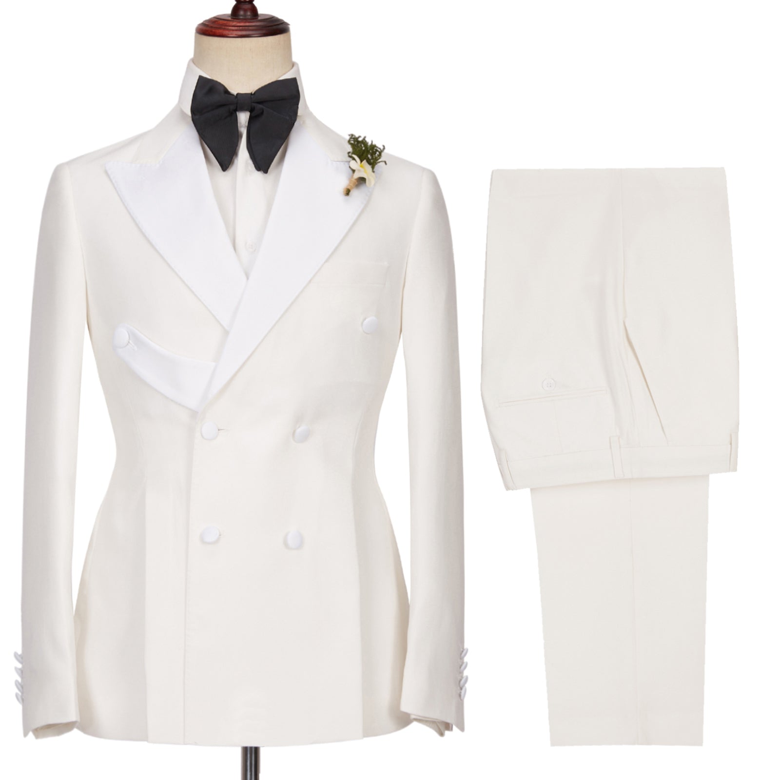 Elegant White Two-Piece Peaked Lapel Double Breasted Wedding Suit