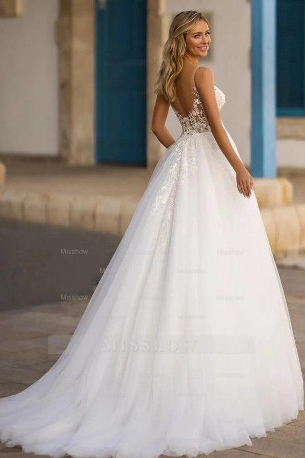 Elegant White V-Neck A-Line Wedding Dress with Appliques and Detachable Coat