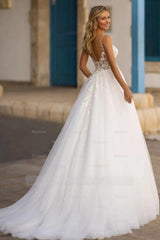 Elegant White V-Neck A-Line Wedding Dress with Appliques and Detachable Coat