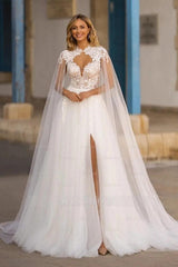 Elegant White V-Neck A-Line Wedding Dress with Appliques and Detachable Coat
