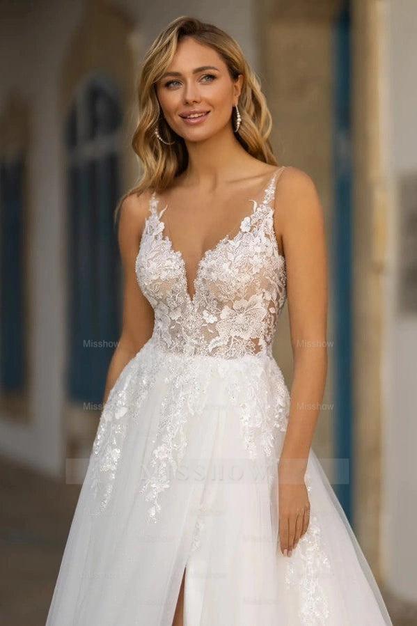 Elegant White V-Neck A-Line Wedding Dress with Appliques and Detachable Coat