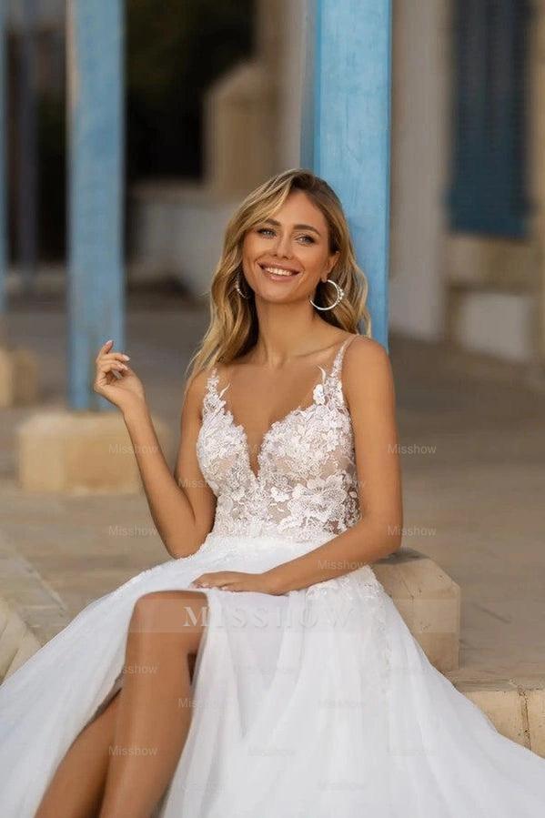 Elegant White V-Neck A-Line Wedding Dress with Appliques and Detachable Coat