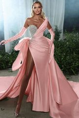 Blushing pink v-neck beaded A-line wedding dress