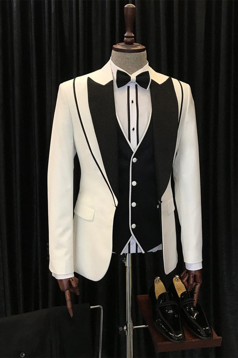 Elegant White and Black Peaked Lapel Three-Piece Wedding Suit