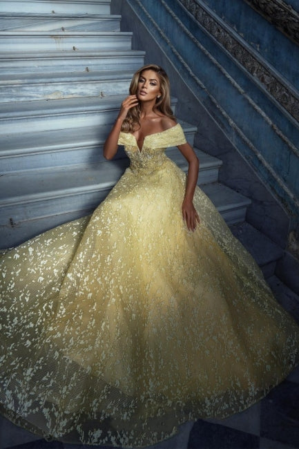 Elegant Yellow Off-the-shoulder Sleeveless A-Line Floor-Length Tulle Prom Evening Dresses