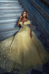 Elegant Yellow Off-the-shoulder Sleeveless A-Line Floor-Length Tulle Prom Evening Dresses