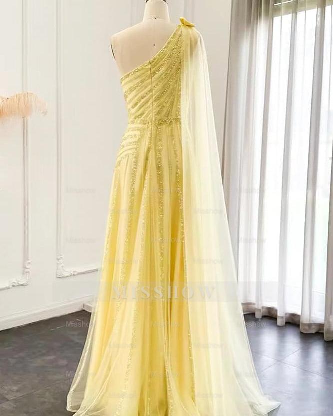 Elegant Yellow One Shoulder Sequined A-line Prom Dress With Slit