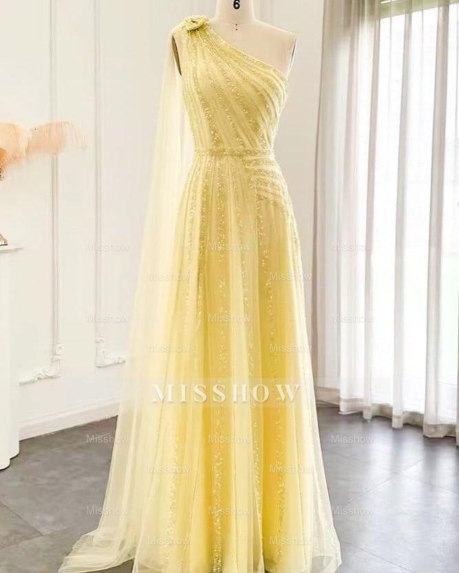 Elegant Yellow One Shoulder Sequined A-line Prom Dress With Slit