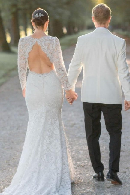 Elegant Bohemia White V-Neck Mermaid Long Sleeve Court Train Lace Wedding Dresses 