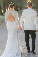 Elegant Bohemia White V-Neck Mermaid Long Sleeve Court Train Lace Wedding Dresses 