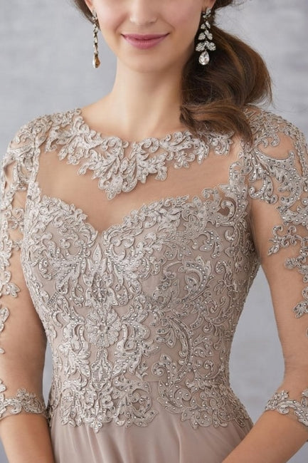Elegant Champagne A-Line Crew Beaded Lace Illusion Half Sleeves Floor-Length Chiffon Evening Dresses