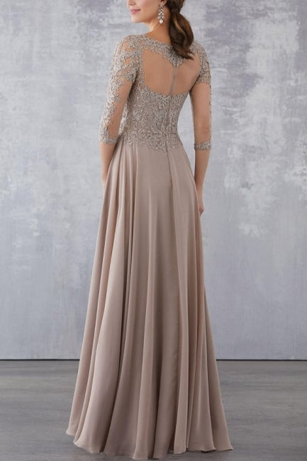 Elegant Champagne A-Line Crew Beaded Lace Illusion Half Sleeves Floor-Length Chiffon Evening Dresses