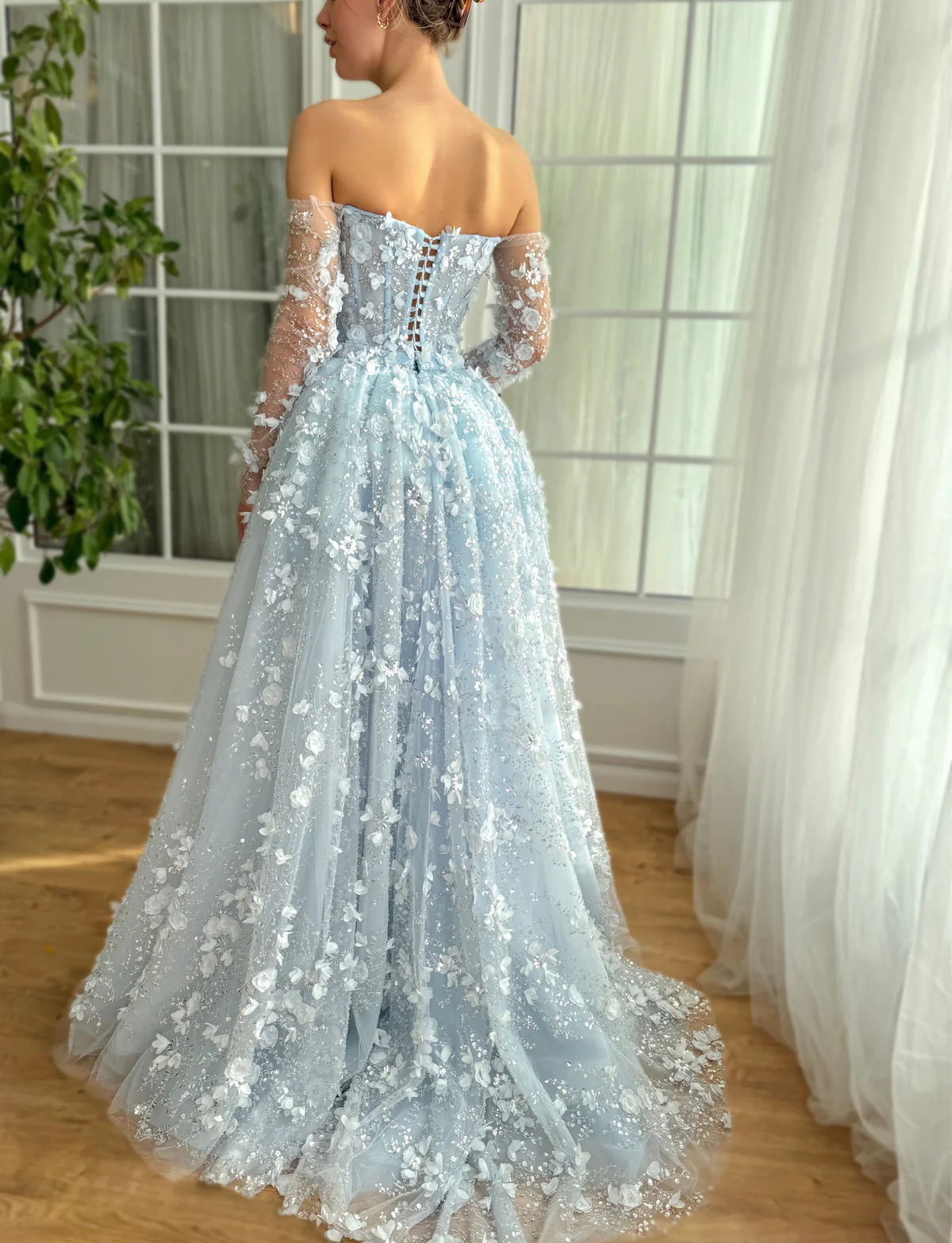 Elegant Long 3D Flowers Pink Off-the-shoulder Long Sleeves Evening Dress with Overskirt
