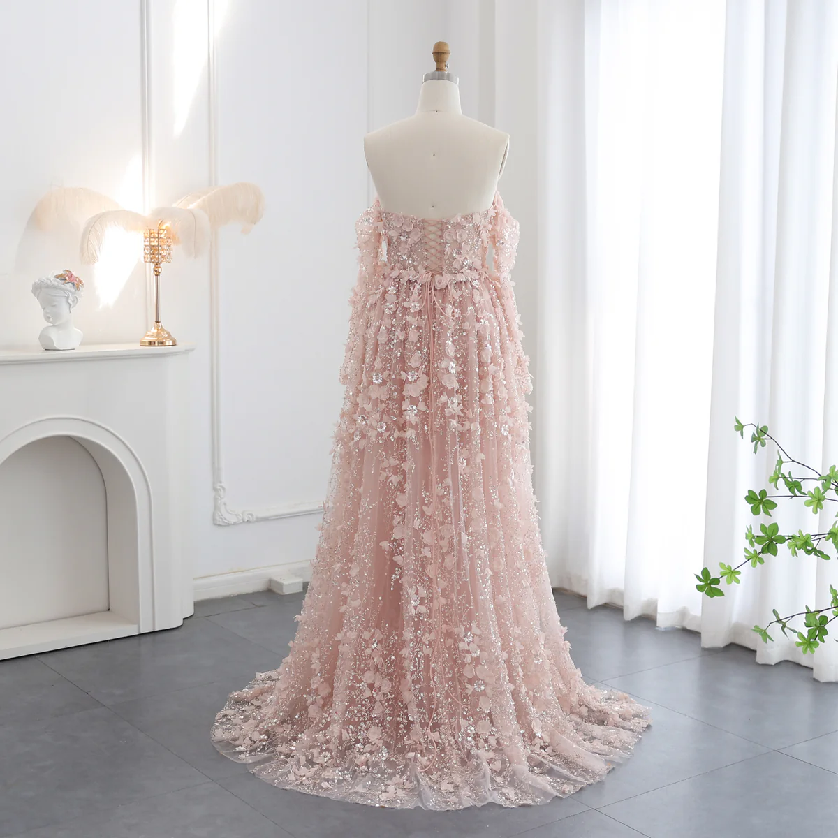 Elegant Long 3D Flowers Pink Off-the-shoulder Long Sleeves Evening Dress with Overskirt
