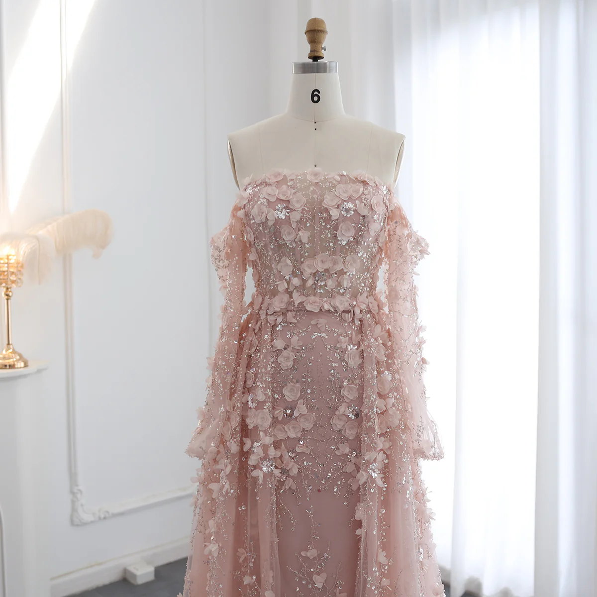Elegant Long 3D Flowers Pink Off-the-shoulder Long Sleeves Evening Dress with Overskirt